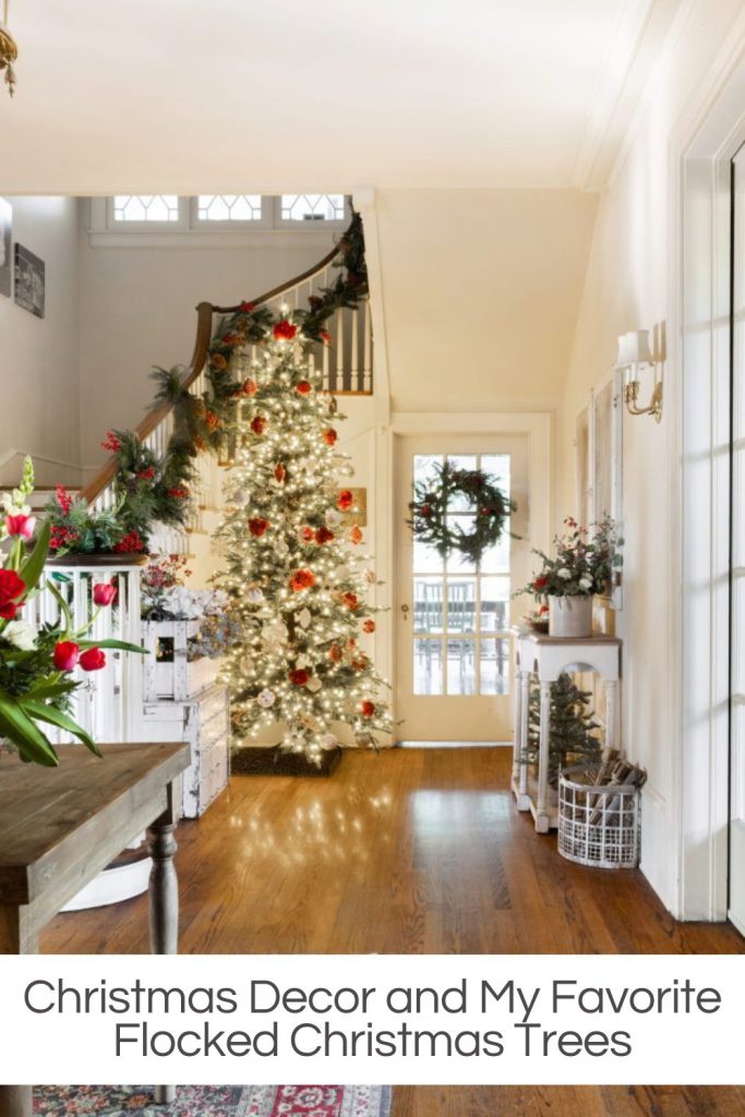 Our entry way decorated with aChristmas tree, wreath, garland and fresh flowers.