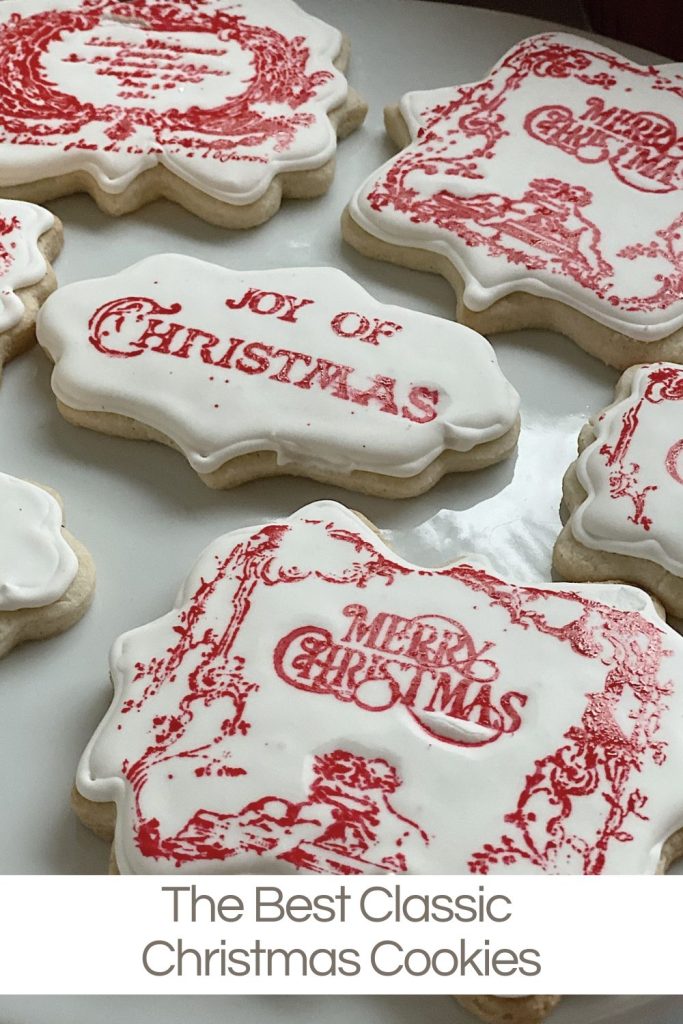 Homemade sugar cookies with frosting and vintage designs.