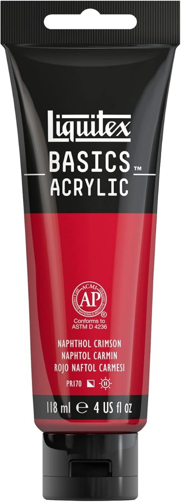 Tube of Liquitex Basics Acrylic paint in Napthol Crimson, 118 ml (4 US fl oz), perfect for capturing the vibrant hue of red wrapping paper.