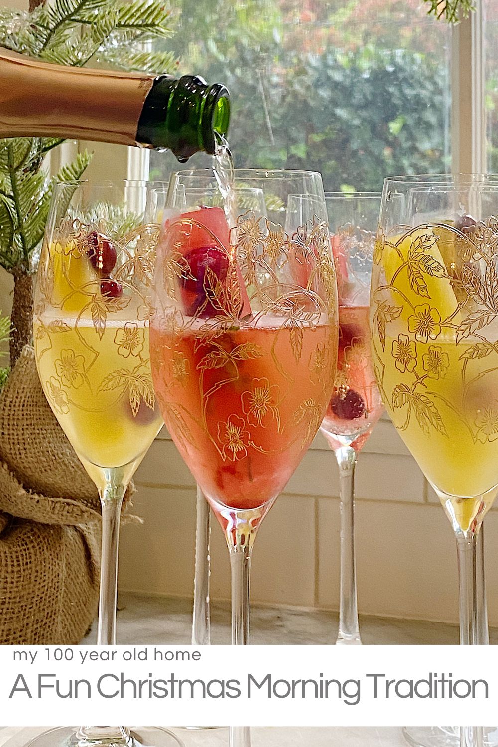 Making mimosas with frozen ice cubes made from cranberry and orange juice and fresh cranberries.