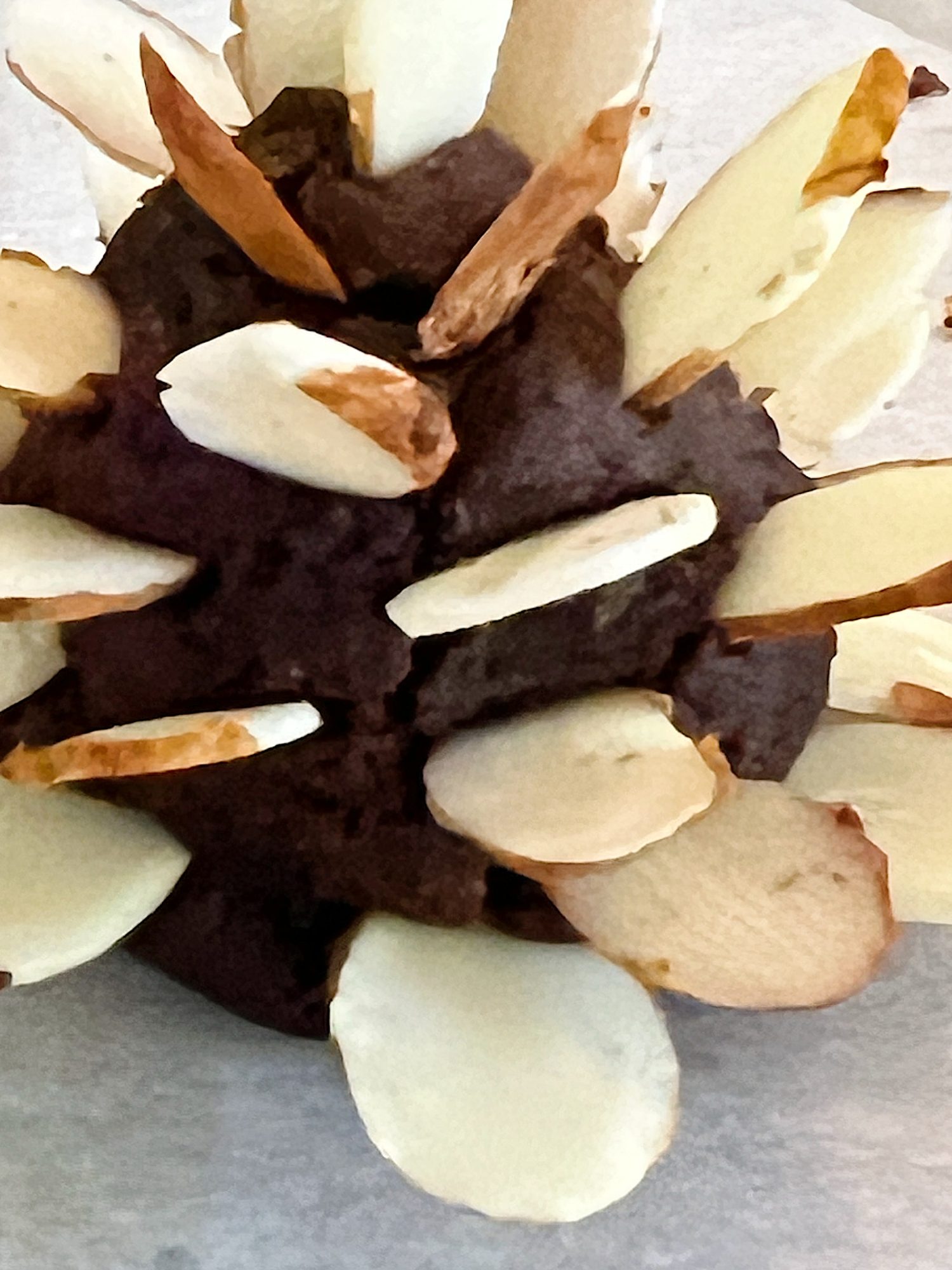 Homemade white chocolate covered brownie pinecones made from brownies, almonds, and melted chocolate.