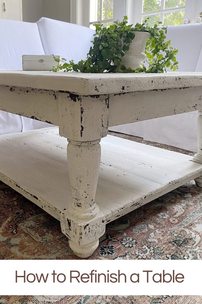 Our beloved coffee table refinished with milk paint in a farmhouse style look.