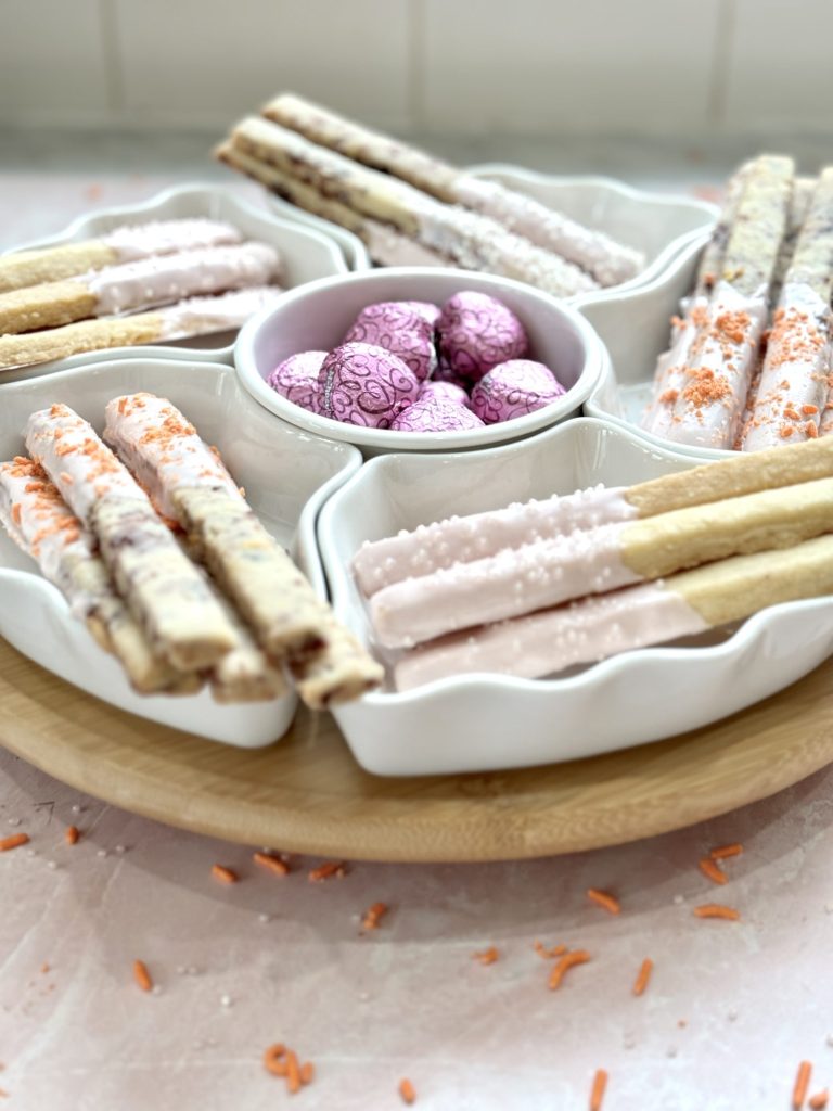 How to make three types of Valentine's Cookie Sticks with shortbread dough.