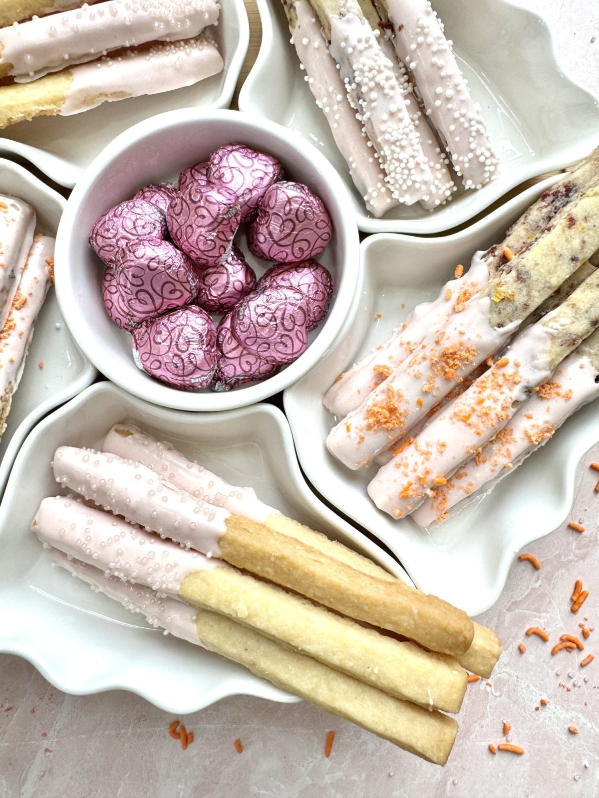 How to make three types of Valentine's Cookie Sticks with shortbread dough.
