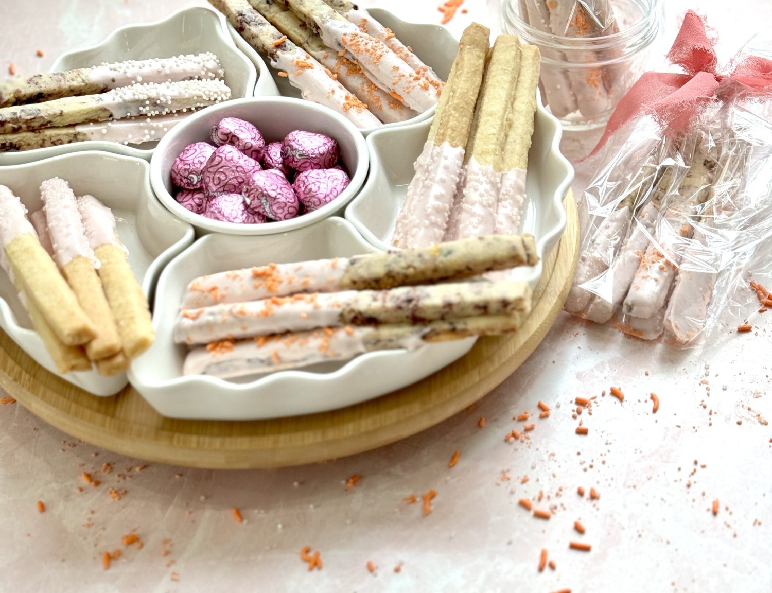 How to make three types of Valentine's Cookie Sticks with shortbread dough.