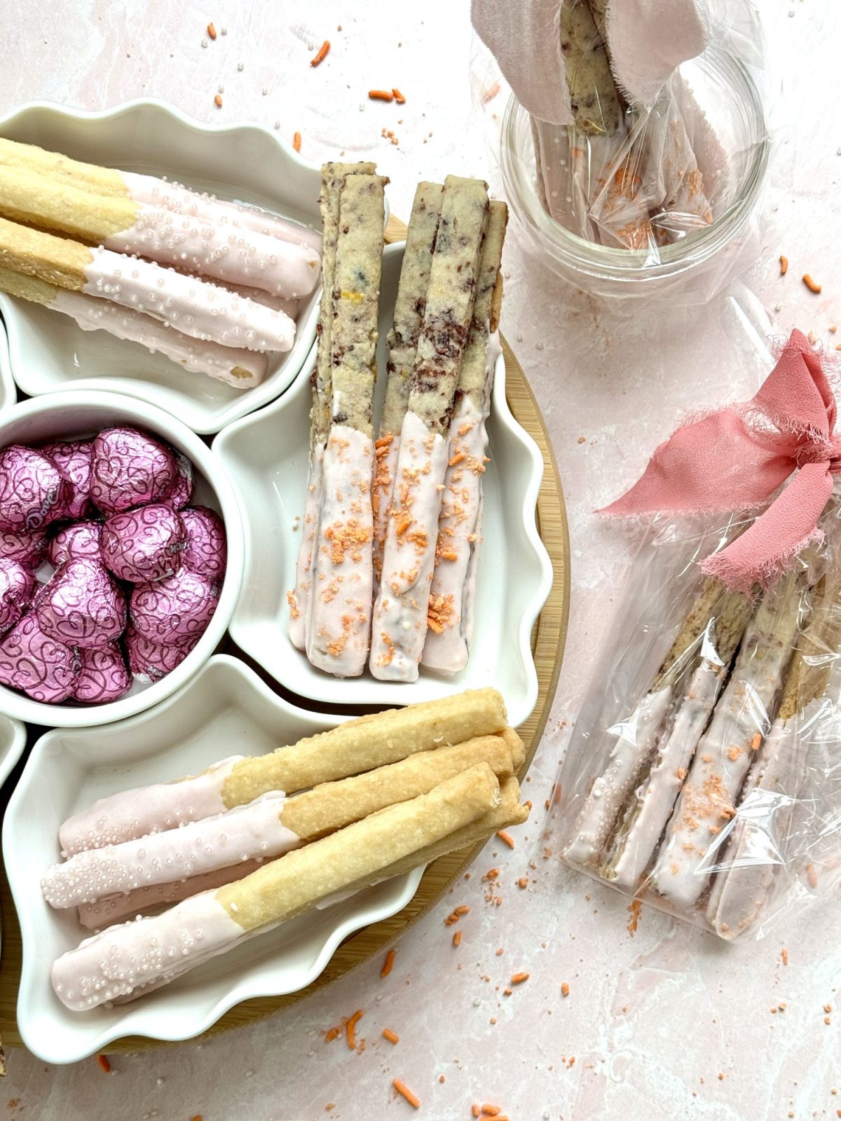 How to make three types of Valentine's Cookie Sticks with shortbread dough.