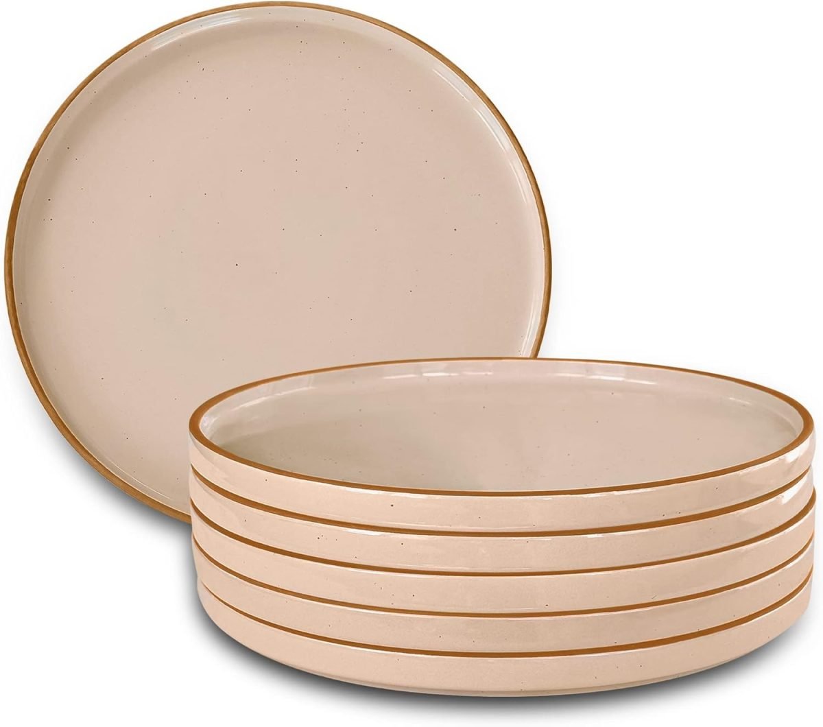 Stack of six beige ceramic plates with a subtle brown rim, perfectly suited for a delightful serving. One plate stands upright behind the stack, ready to showcase a dish like baked parmesan crusted chicken with elegance.