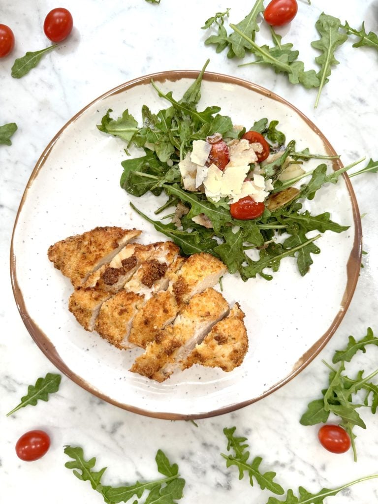 Healthy Air Fryer Baked Parmesan Crusted Chicken and Arugula Salad 3