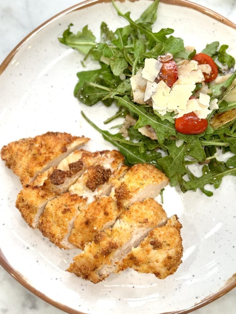Healthy Air Fryer Baked Parmesan Crusted Chicken and Arugula Salad 3