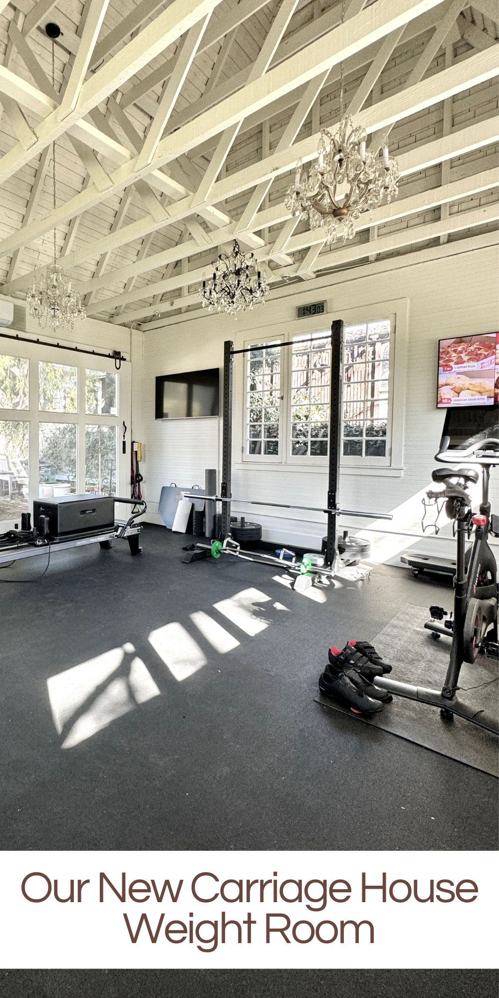 For the last three weeks, we have been very busy converting the Carriage House in the back of our yard into a weight room. We now have a spacious home gym!