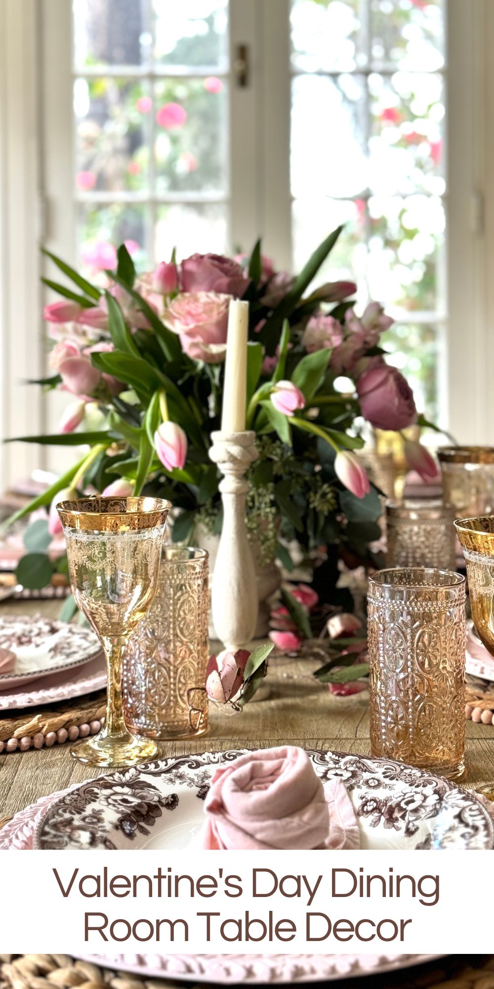 I love setting tables and my favorites are the dining room table decor I have created for Valentine's Day! Here is a beautiful neutral table.