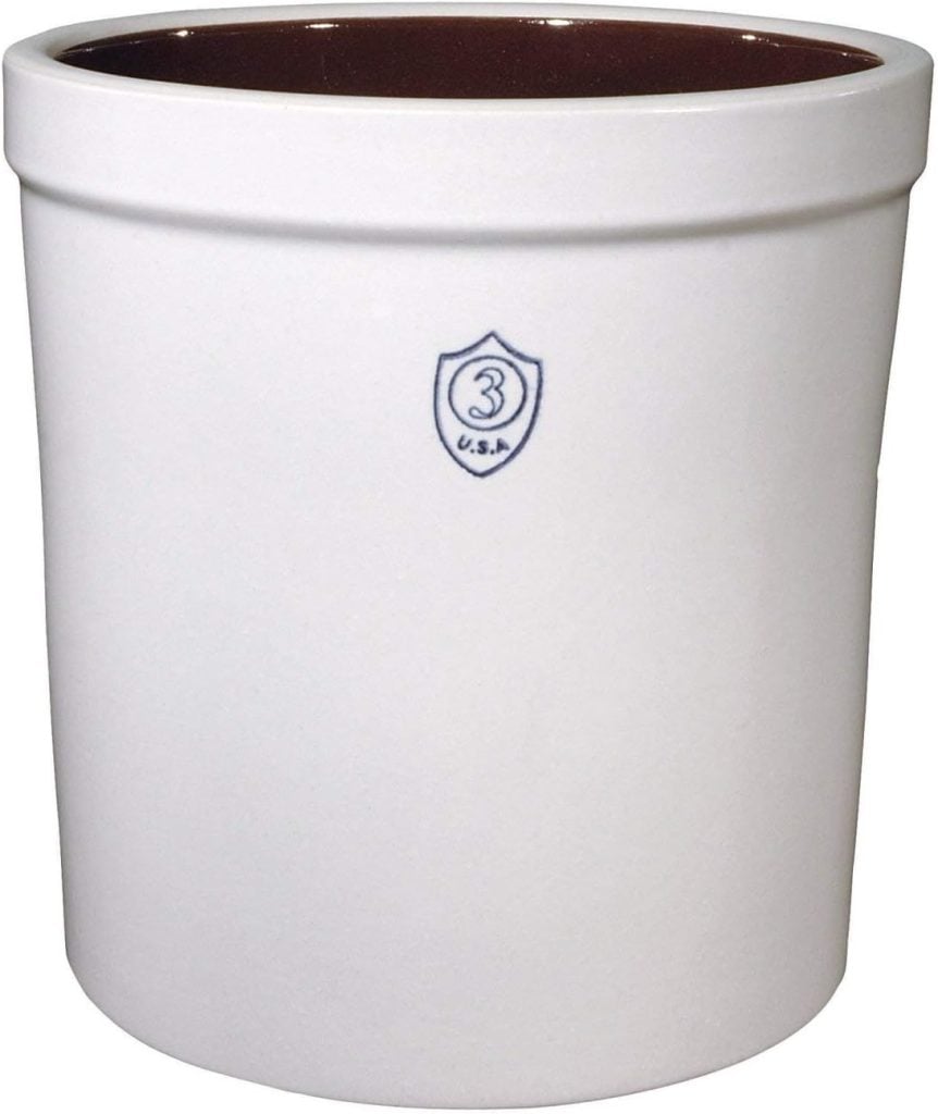 A white ceramic crock with a blue "3" insignia on the front, indicative of a 3-gallon capacity, typically used for spring floral arrangements or storing foods.