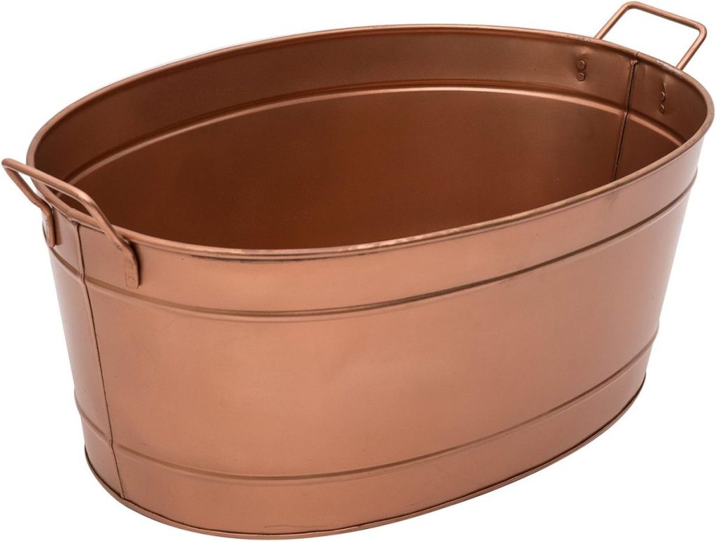 Oval-shaped copper tub with side handles, perfect for outdoor parties.