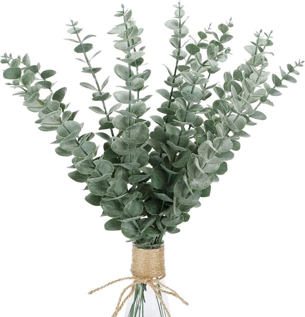 Spring floral arrangements: Artificial eucalyptus plant bouquet wrapped with twine.