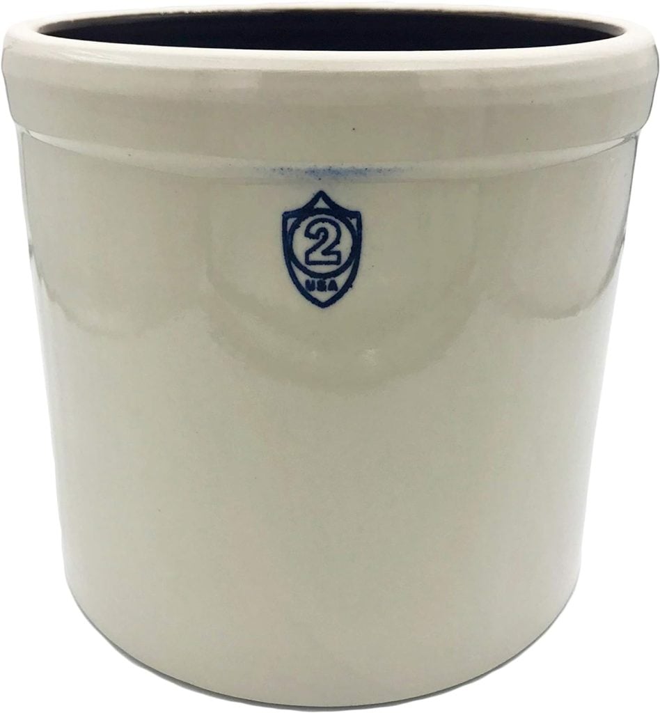White ceramic crock with a blue number 2 emblem on the front, perfect for spring floral arrangements.