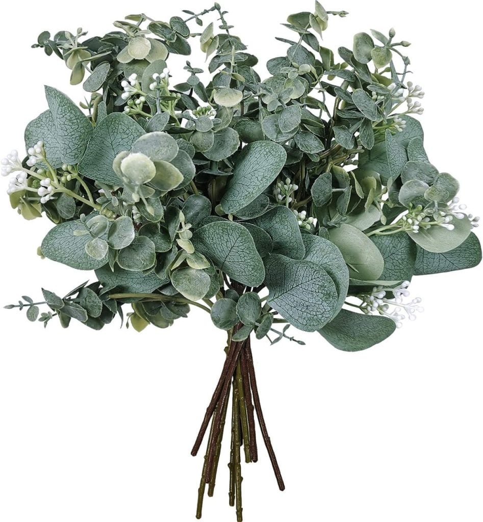 A bouquet of artificial eucalyptus branches with green leaves and white blossoms, perfect for spring floral arrangements.