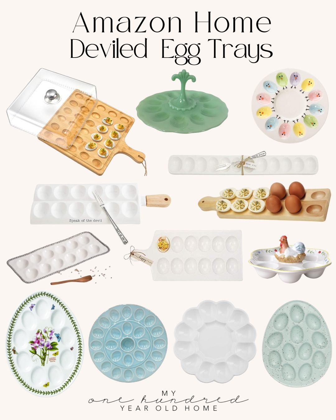 Collage of various deviled egg trays in different designs and colors, including ceramic, plastic, and themed styles. With decorative elements reminiscent of Easter Eggs DIY projects, the trays display artfully sliced eggs.