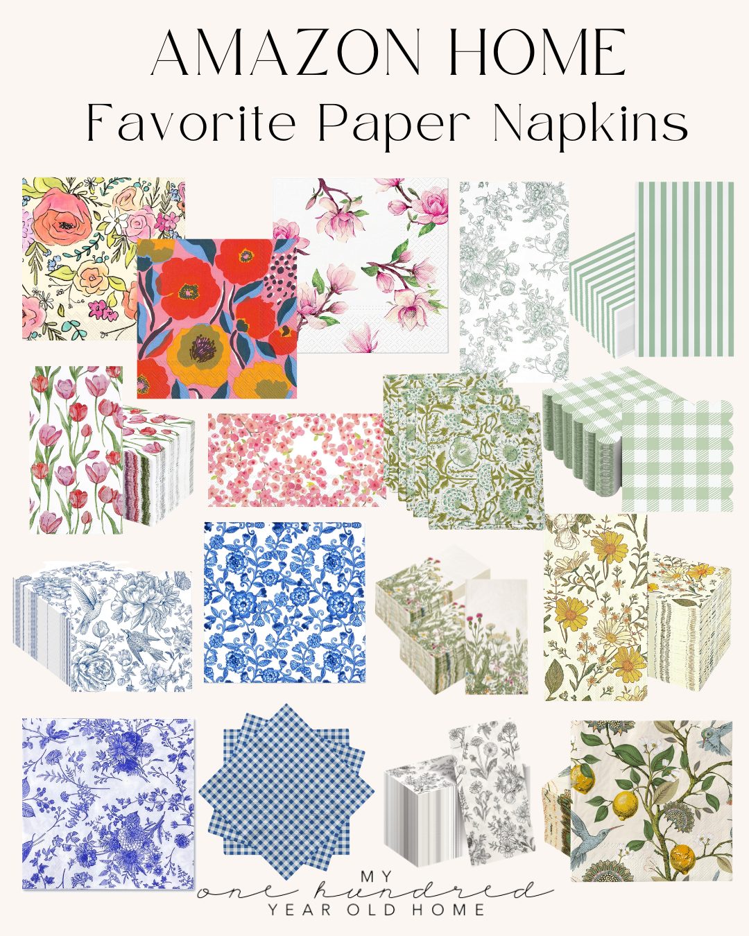 Various floral and patterned paper napkins are displayed, accompanied by the text "AMAZON HOME Favorite Paper Napkins" at the top. Their designs echo the subtle elegance of an oyster shell's natural beauty.