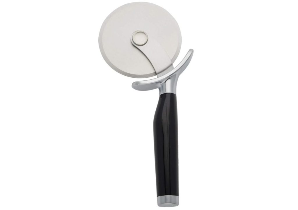 Stainless steel pizza cutter with black handle.