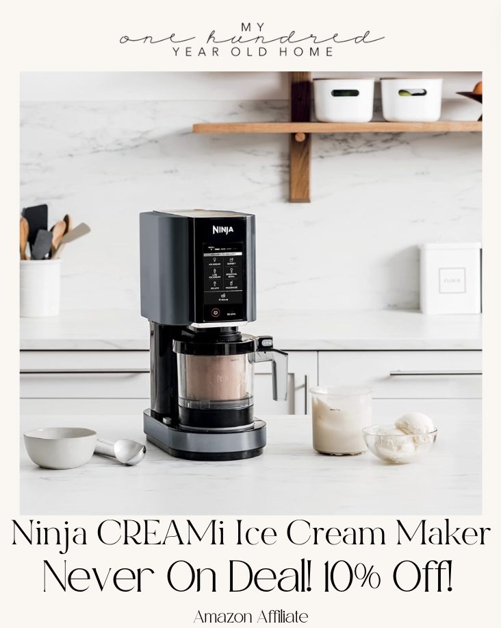 A ninja creami ice cream maker on a kitchen counter with a 10% discount offer.
