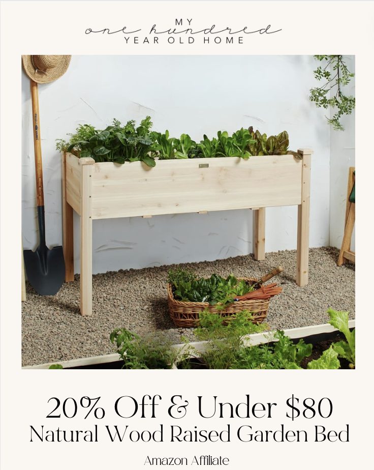 Elevated natural wood garden bed on sale for gardening convenience.