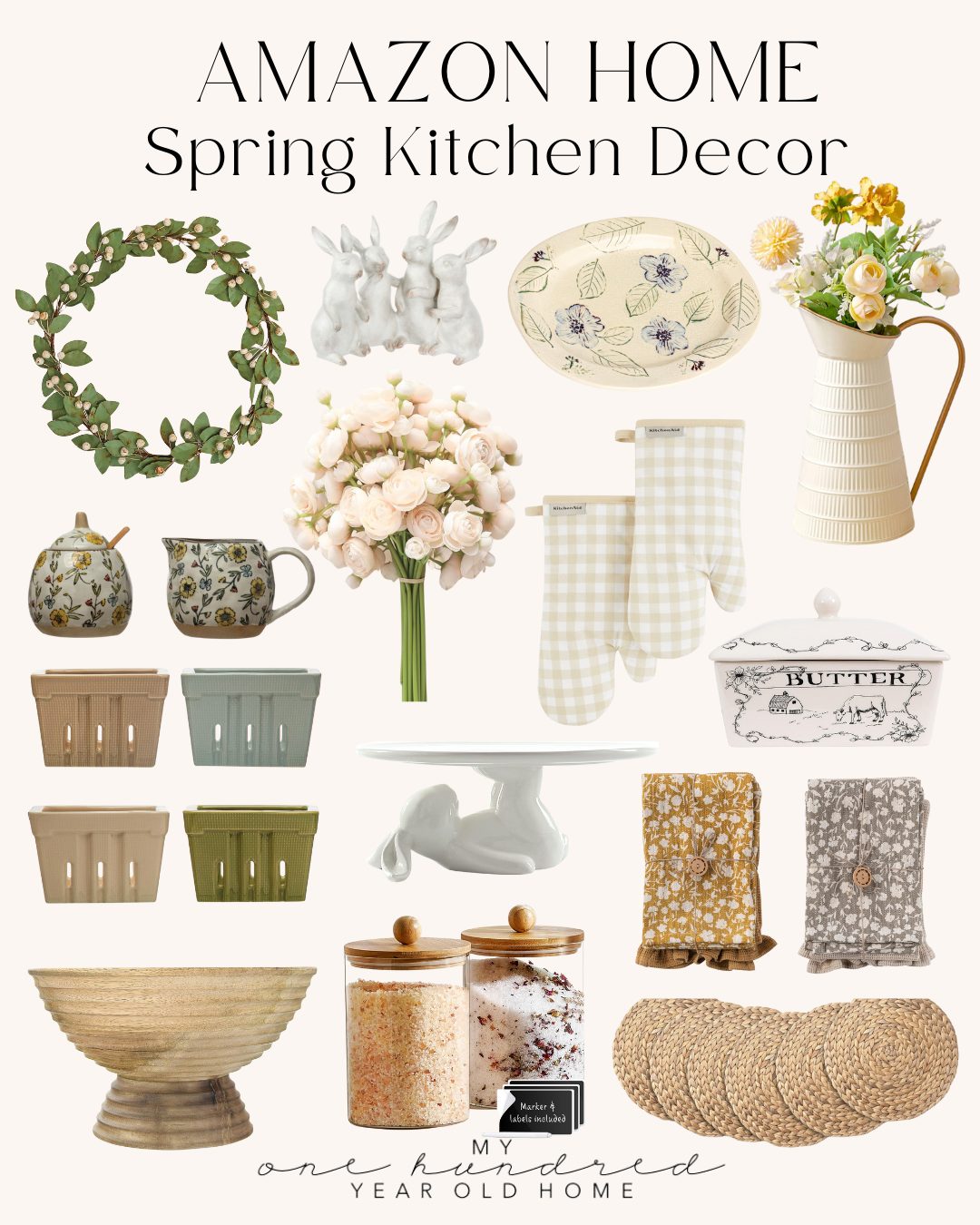 Collage of spring kitchen decor items on a white kitchen island, featuring a green wreath, rabbit figurines, floral dishes, mugs, oven mitts, butter dish, storage boxes, and a bouquet.