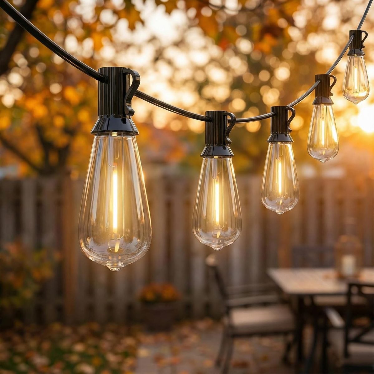Outdoor string lights are hanging and illuminated at sunset in a backyard with autumn leaves, a wooden fence, wood table tops, and patio furniture in the background.