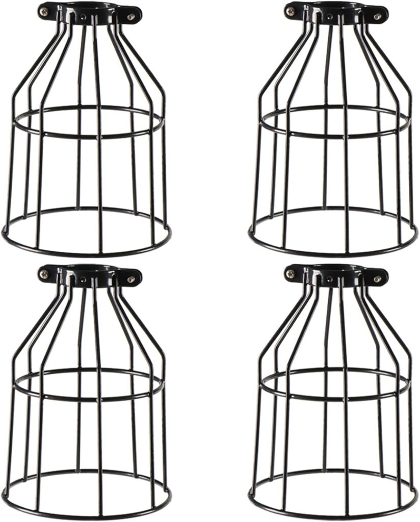 Four black metal wire lamp guards are shown, each with a cylindrical base and flared top, arranged in a 2x2 grid on a white background&mdash;perfect for complementing industrial lighting above wood table tops.