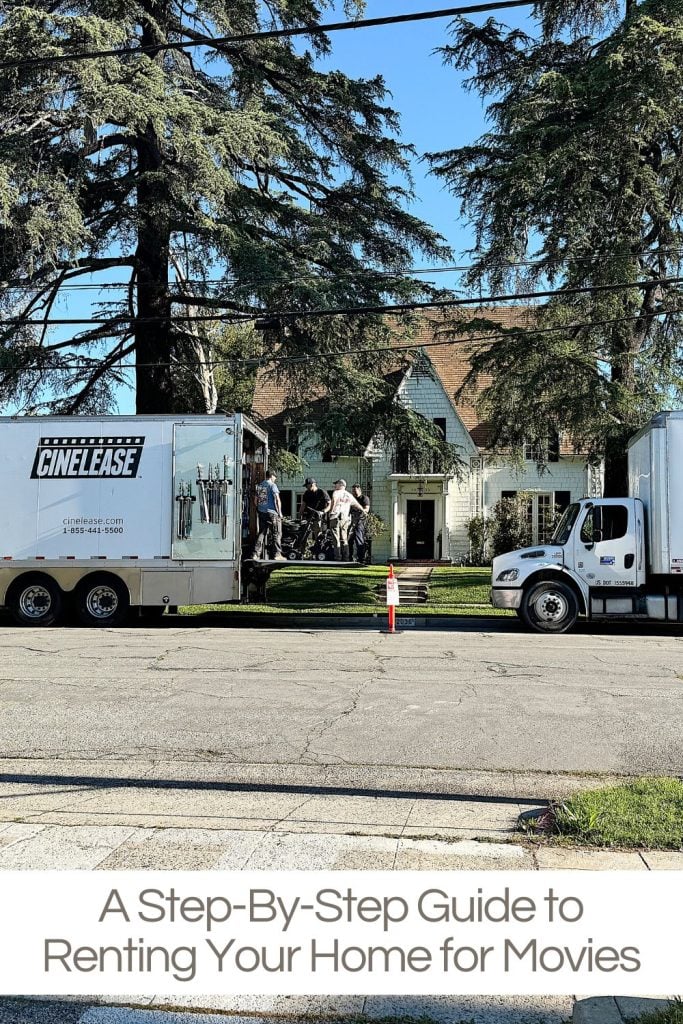 A film crew unloading equipment from a truck parked in front of a residential house, with a banner reading "cinelease" on the truck.