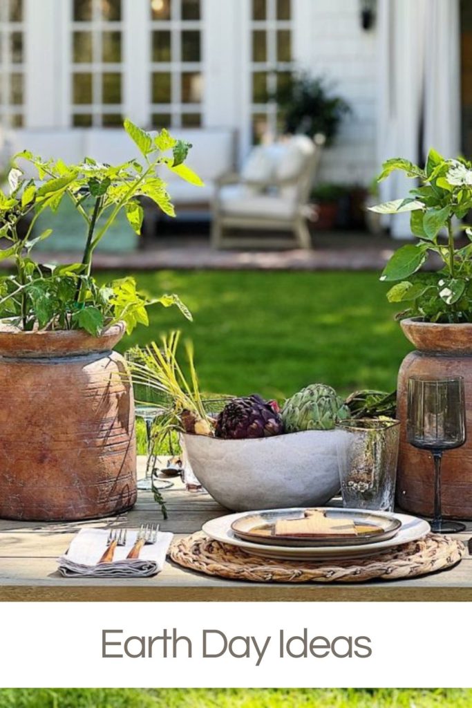 An outdoor dining setup featuring leafy potted plants, a bowl of vegetables, and elegant tableware on a rustic wooden table, titled "earth day ideas.