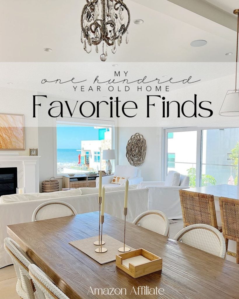 A bright dining room with a coastal view, ideal for family gatherings, featuring a chandelier, modern decor, and a text overlay about favorite finds from a 100-year-old home.
