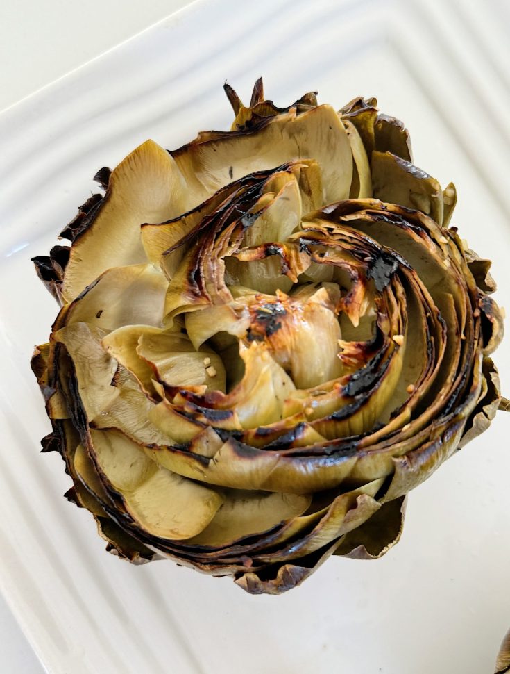 A cooked artichoke with browned tips, displayed on a white square plate.