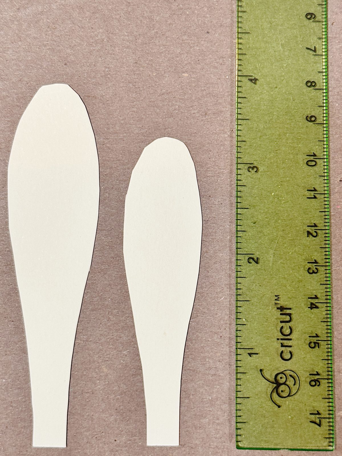 Two white paper cutouts of elongated shapes lie next to a green ruler on a brown surface. The scene is reminiscent of petals from a pink magnolia tree, with the ruler displaying measurements in centimeters.
