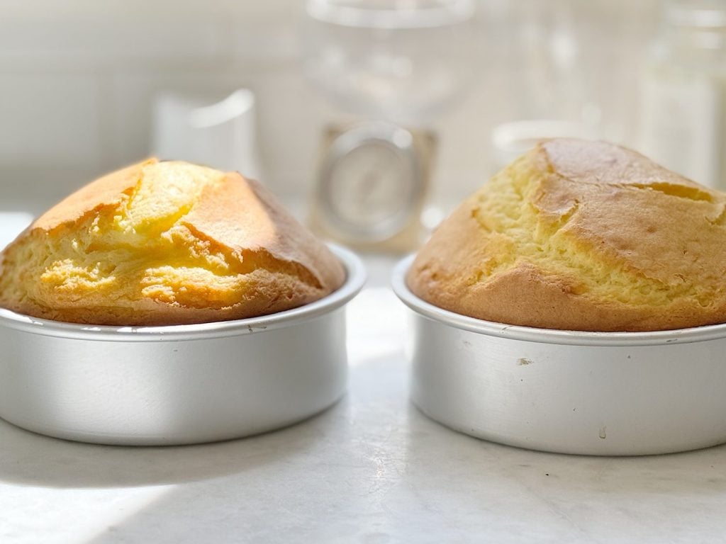 Two freshly baked cakes in round metal pans on a kitchen counter, illuminated by natural sunlight.