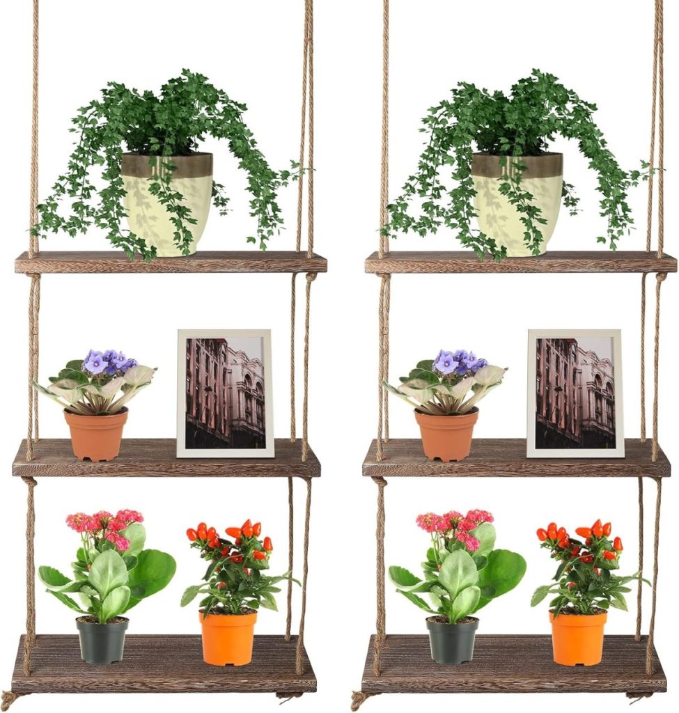 Two sets of three-tiered hanging shelves display potted plants and framed photos, offering charming outdoor porch decor with coordinated arrangements of greenery and flower pots on each shelf.