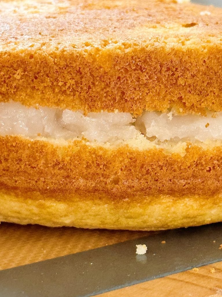 Close-up of a layered cake with a white filling between two golden-brown layers of cake.