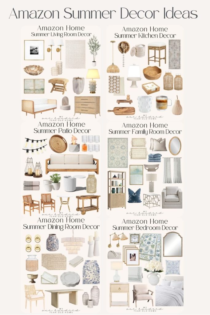 A collage titled "Amazon Summer Decor Ideas" showcasing decor items for living room, kitchen, patio, family room, dining room, and bedroom from Amazon Home, arranged in six sections.