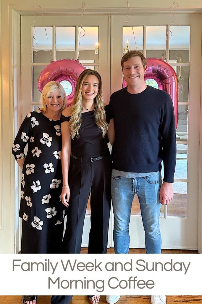 Three people pose indoors in front of a door with pink balloon decorations. The caption below them reads "Family Week and Sunday Morning Coffee.