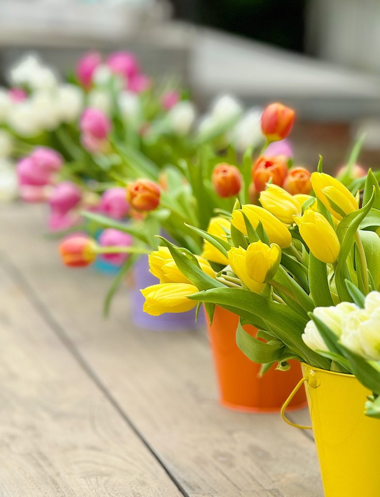 Colorful tulips in yellow, pink, and orange buckets arranged on a wooden surface, with a blurred background.