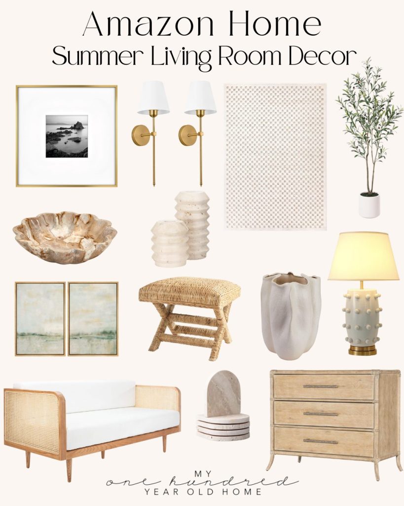 Collage of living room decor from Amazon Home, perfect for Mother's Day gifts. Includes framed art, lighting fixtures, a plant, vase, seating, and a table. Text reads: "Amazon Home Summer Living Room Decor.
