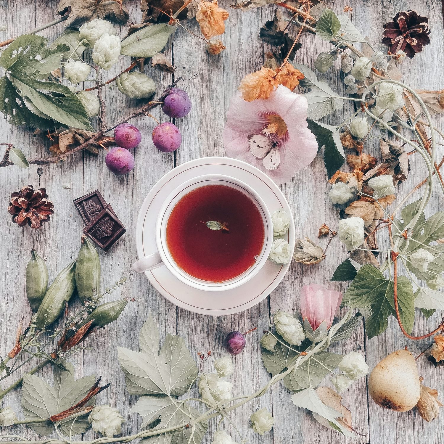 A cup of tea with a mint leaf, surrounded by scattered colorful flowers, fruits, and pine cones on a wooden surface.