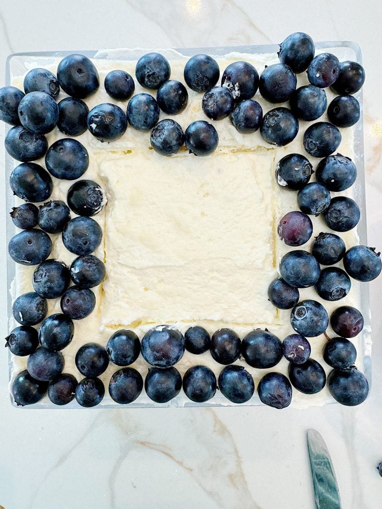 A square cake with a plain cream-colored frosting is topped with a single layer of blueberries arranged in a square ring near the edges. A knife is partially visible beside the cake.