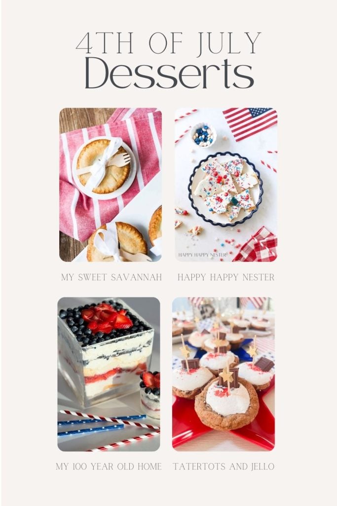 4th of July Desserts: A display of various desserts, including mini pies, sprinkle-topped cake, berry trifle, and decorated cupcakes, with patriotic themes.