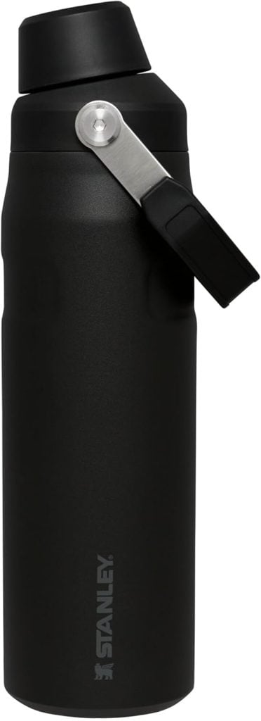 A black Stanley water bottle with a metal handle and screw-top lid is shown upright against a white background—a great Amazon Father's Day gift idea.