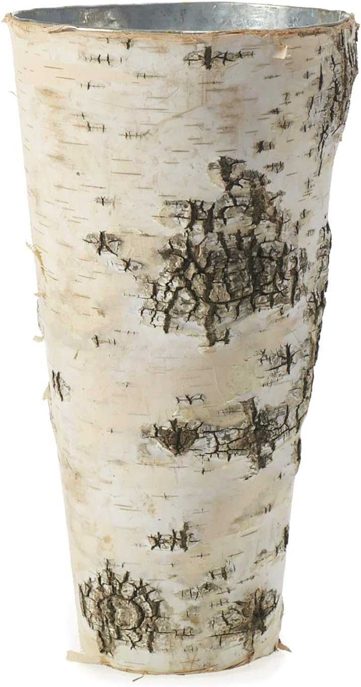 A tall, cylindrical vase with a birch bark exterior and metallic interior, featuring natural bark textures and knots—versatile enough to double as a unique bread basket for your table.