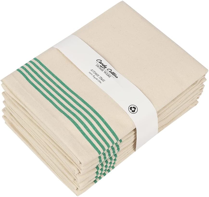 A stack of beige kitchen towels with green stripes, folded neatly and wrapped with a white label band—perfect for lining a bread basket at your next gathering.