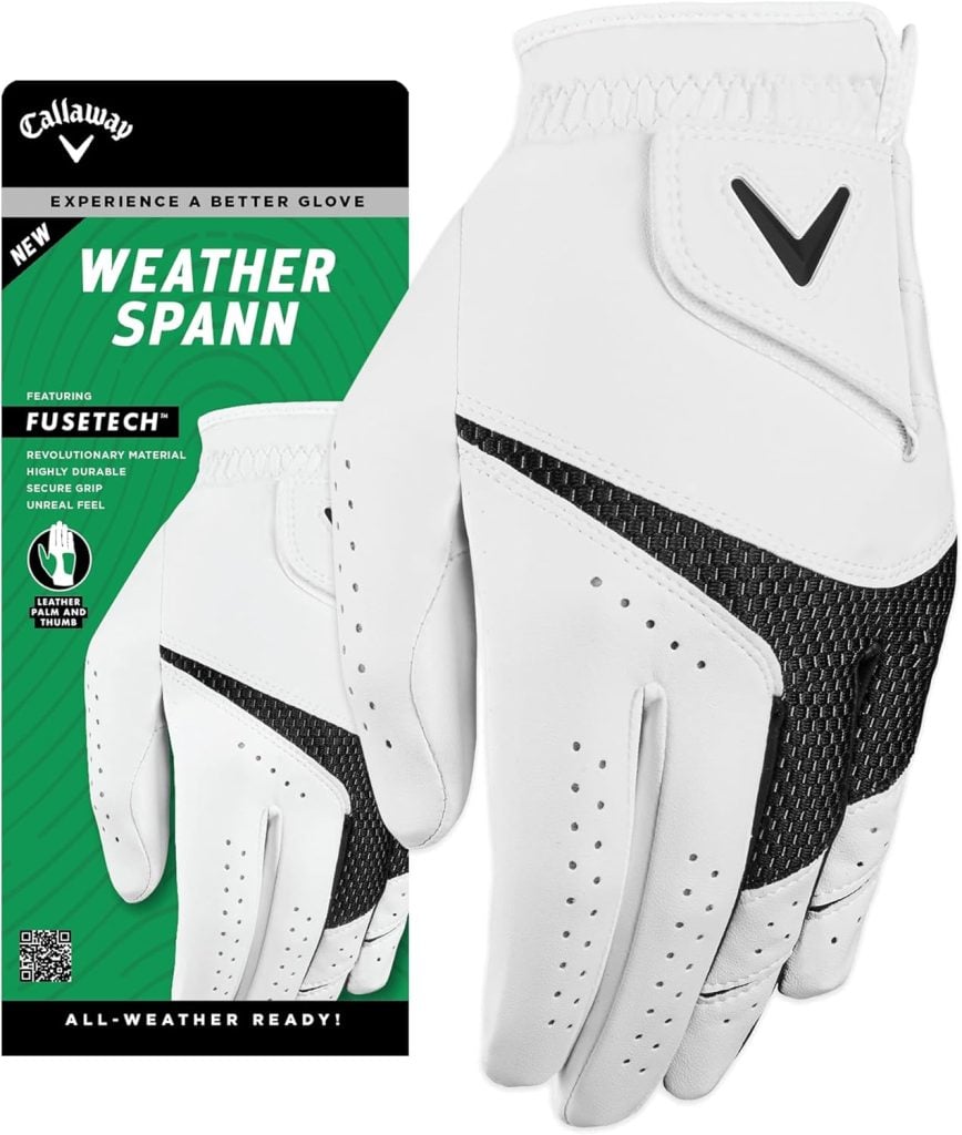Callaway Weather Spann golf glove in white with black accents shown with its packaging, highlighting all-weather durability and FUSETECH material—an ideal Amazon Father's Day gift for golf-loving dads.