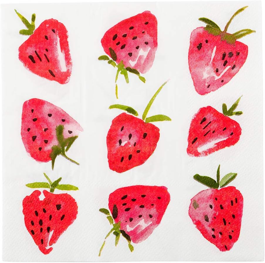 A white napkin featuring a pattern of nine mixed berry watercolor-style strawberries arranged in a grid.