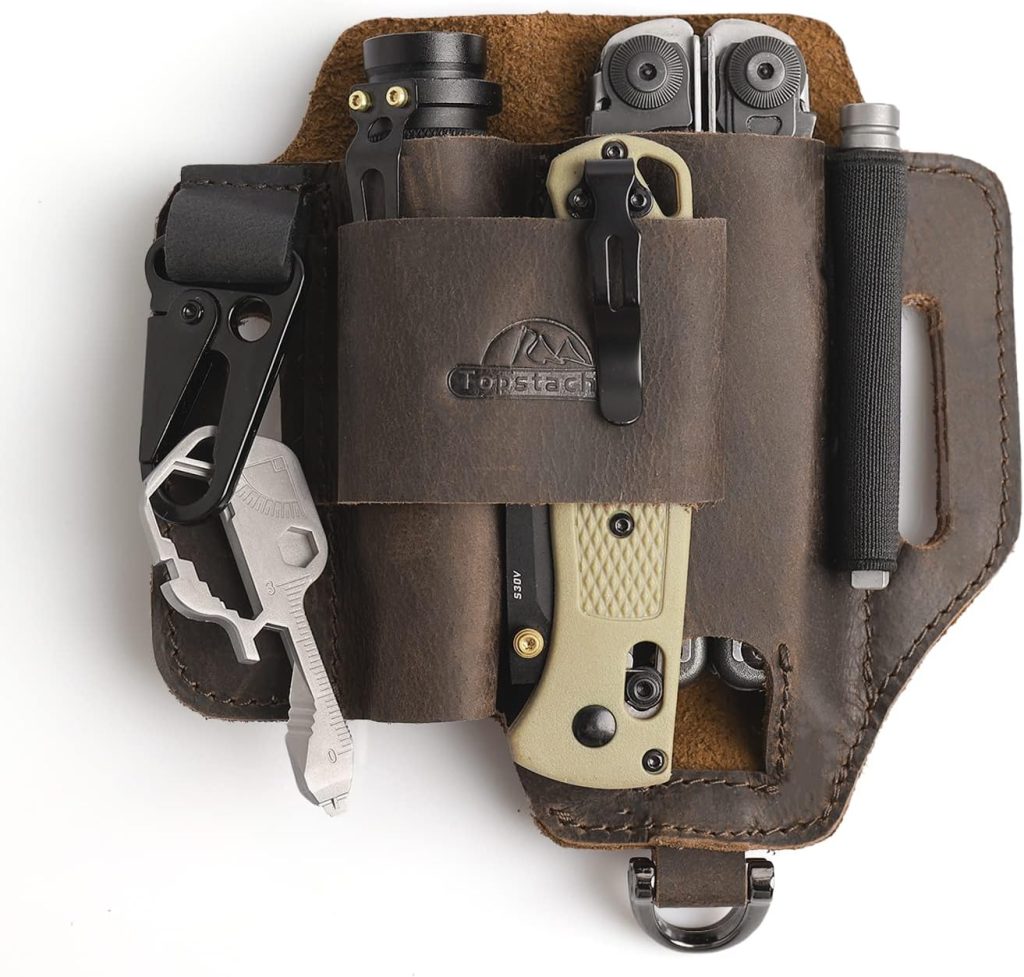 A brown leather organizer holds a flashlight, multitool, pen, utility tool, folding knife, and metal keychain tool—an ideal Amazon Father’s Day gift for the practical dad.