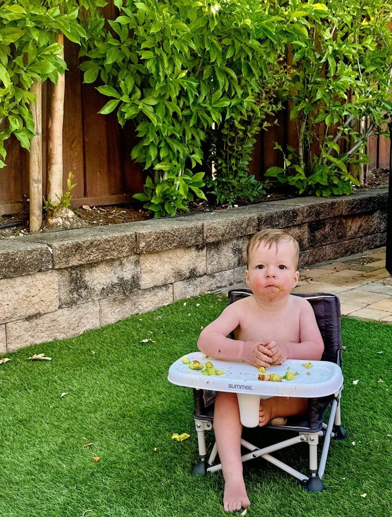 A baby sits in a portable high chair outdoors, surrounded by greenery. There is food on the tray and some on the baby's face and hands.